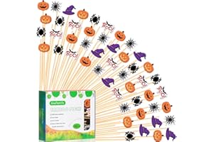 CRAFTERLIFE Halloween Cocktail Picks Halloween Theme Ghost Pumpkin Spider Boo Bat Decoration Toothpicks Fruit Sticks Sandwich Appetizer Charcuterie Skewers, Made of Bamboo, for Halloween Themed Party Supplies