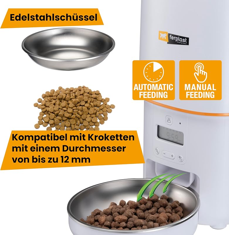 Futterautomat Katze Risto PET, Automatischer Futterspender Katze, Programmierbar, 4-Liter Kapazität, Duale Stromversorgung, 6 Mahlzeiten, Beleuchtetes Display, Edelstahlnapf Inklusive