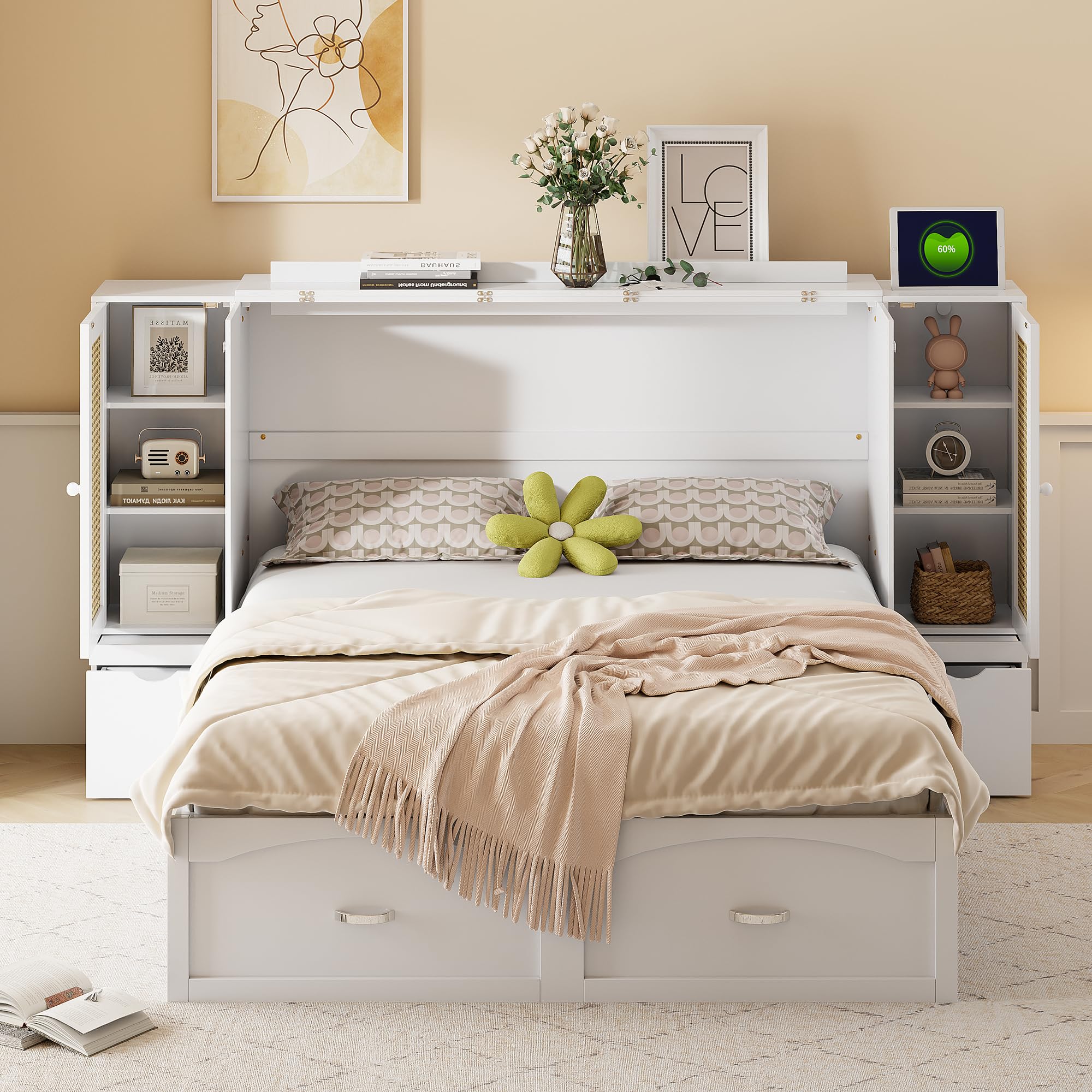 Photo 1 of *PARTIAL SET*
LUSPAZ Full Size Murphy Bed, Pulley Structure Design Wall Beds with Drawer and Rattan Decoration with 2 Storage Cabinets, One Set of Sockets & USB Ports,White