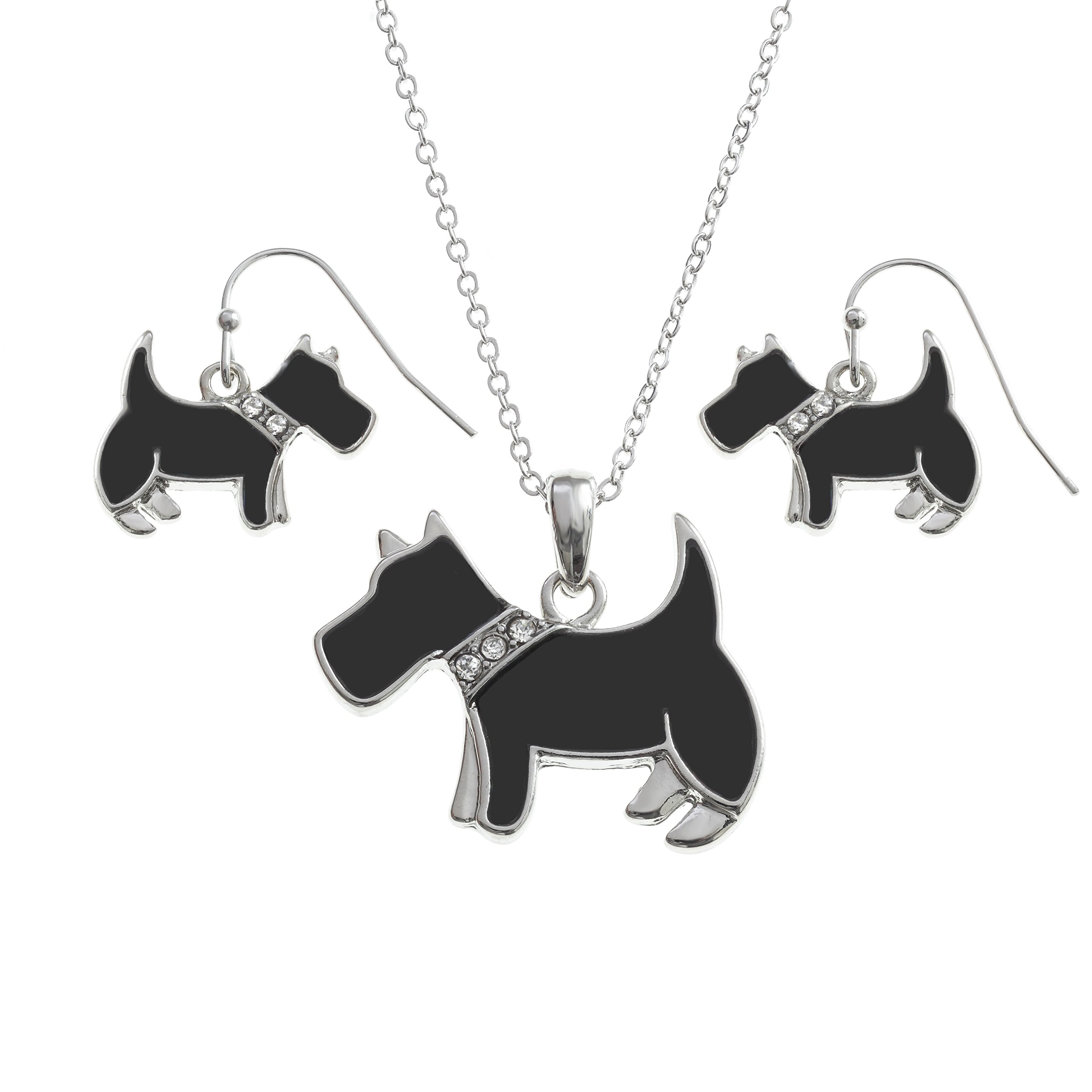 Kiara Jewellery Scottie Dog Boxed Set of Pendant Inlaid With Black Enamel and glass stones on collar on 18" Trace Chain Together With Matching Hypoallergenic Rhodium plated Earrings.
