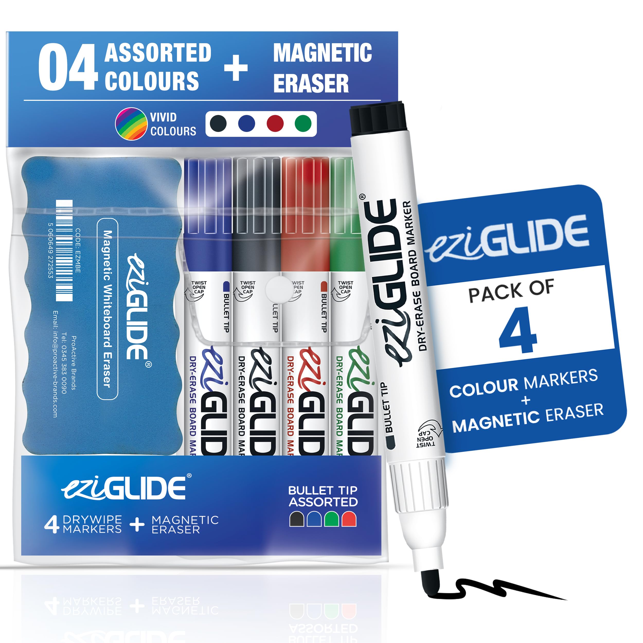 Eziglide 4-Pack Bullet Tip Whiteboard Pens with Magnetic Eraser – Non-Permanent, Erasable Drywipe Markers with Smudge-Free Ink - Ideal for Whiteboard, School & Flipcharts (Black, Red, Blue & Green)