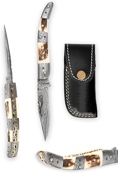 Couteau Pliant Artisanal Lame Damas Manche En Bois De Cerf Pour Le Camping Et La Survie Amazon Fr Sports Et Loisirs