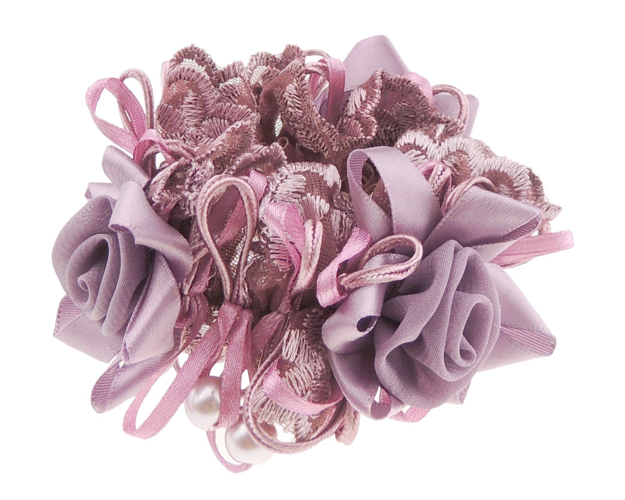 Girls Chunky Lace & Satin Rose Crystal Hair Essential Accessory Tie Elastic Ponio (Dark Dusky Pink No Crystal)