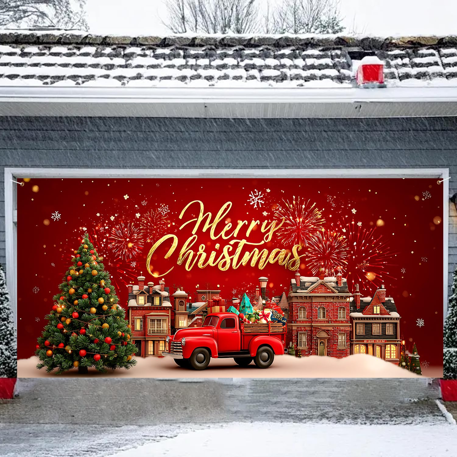 Photo 1 of 13x6ft Christmas Garage Door Banner Decoration,Large Outdoor Indoor Xmas Cover Decorations for House,Waterproof Holiday Party Backdrop with Santa Sleigh & Reindeer for Porch,Yard,Wall