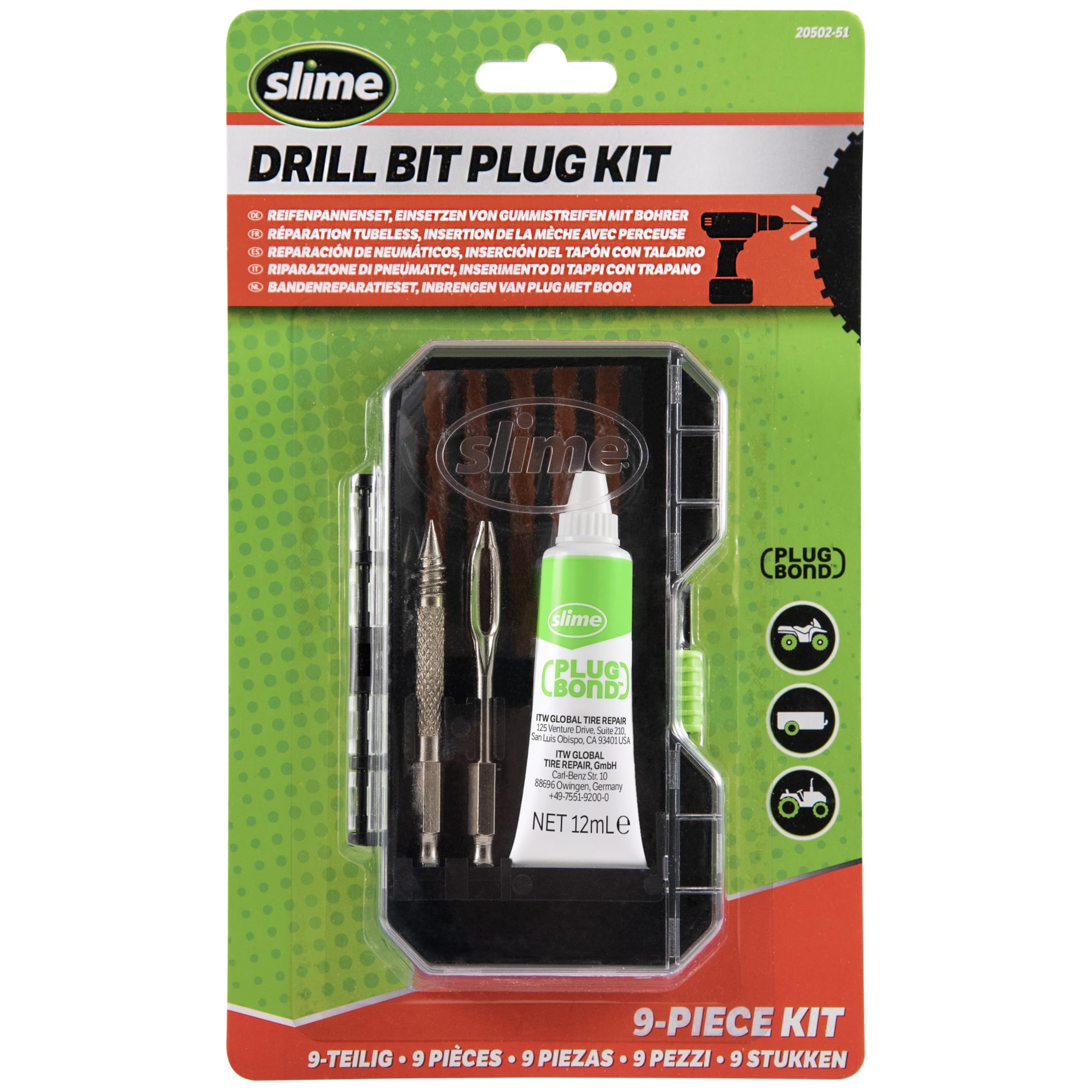 Slime 20502-51 Tyre Plug Drill Bit Kit, All Drills Compatable, Easiest Tyre Plug Option, (9-Piece Kit)