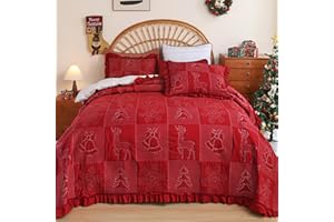 Cmfshape Christmas Embroidery Quilt Set,3 Pieces King Size Xmas Tree Reindeer Pattern Bedding Set,Reversible Christmas Bedspread Coverlet,Holiday Bedding(Red,106"x96")