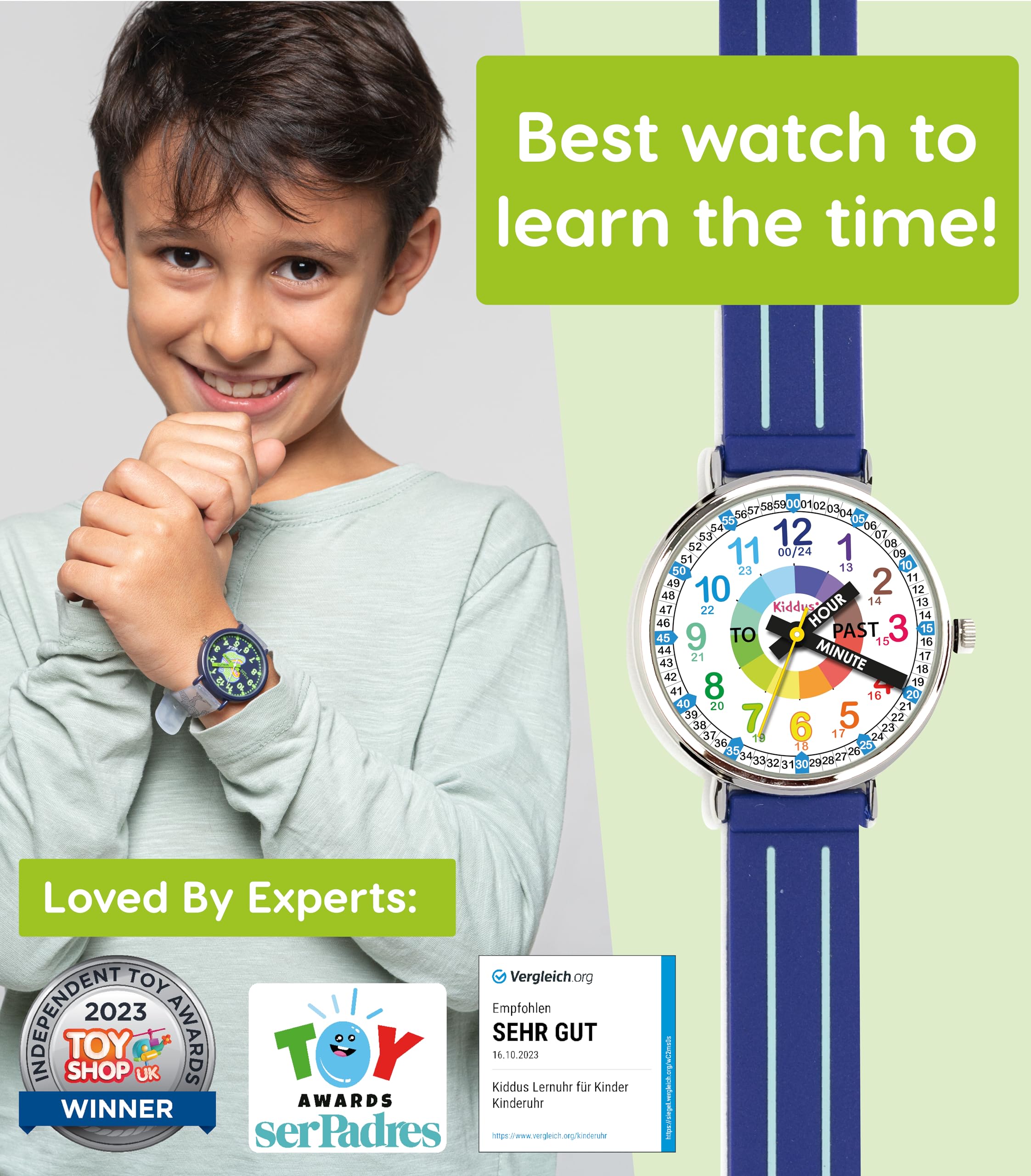 Kiddus Watches Boy and Girl Kids Ages 6-12 Analog Time Teacher with Exercises. Japanese Quartz Movement. Easy to Read and Learn Time. Girls Watches Ages 5-10
