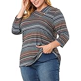 Agnes Orinda Plus Size Tops for Women 3/4 Sleeve Knit Striped Dressy Casual Blouse Asymmetric Neck Fashion t Shirt