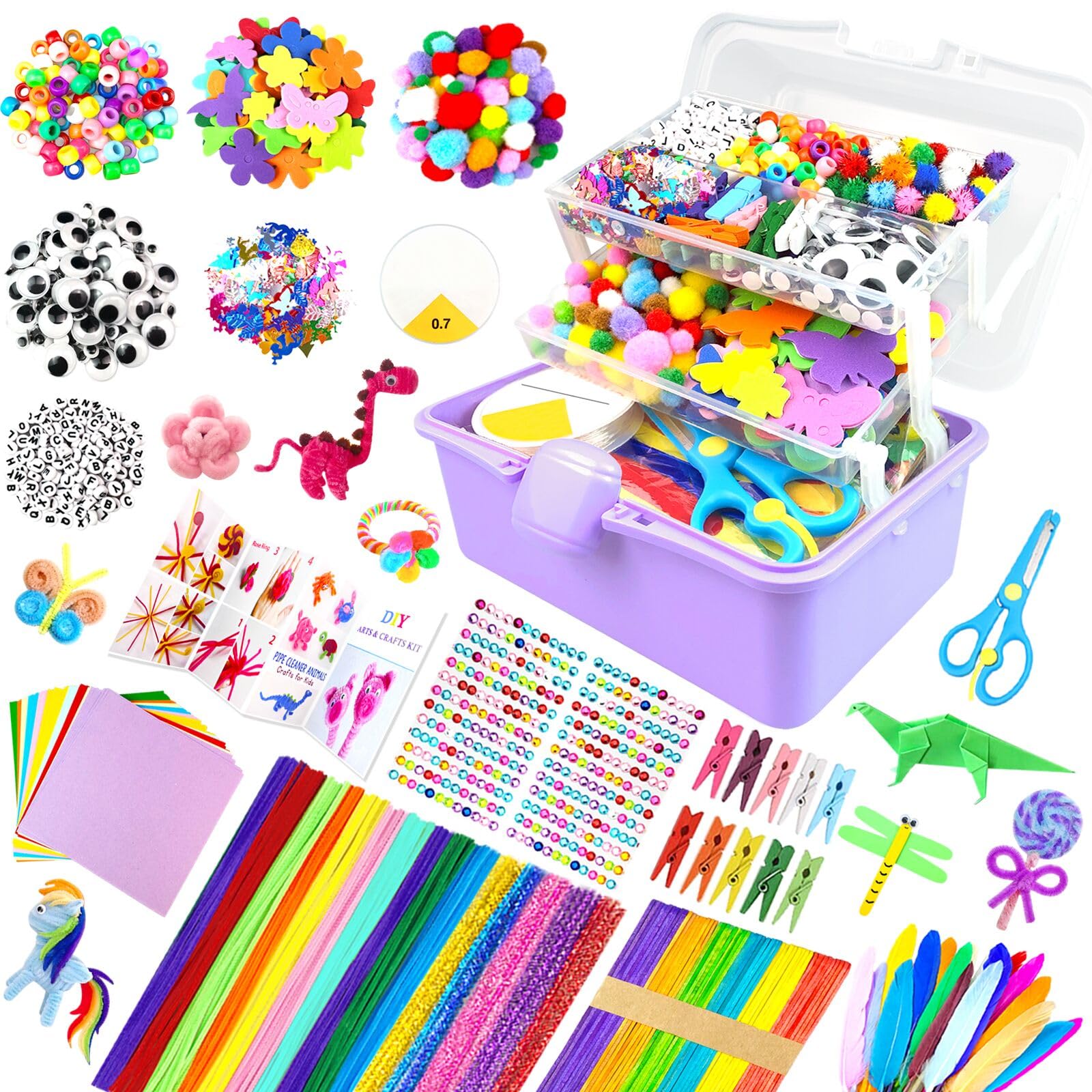3000Pcs Craft Kits for Kids All in 1 Arts and Crafts Supplies for Kids 3-layered Craft Box with Pipe Cleaners DIY Crafting Homeschool Supply Toys Gifts for Girls & Boys Ages 4 5 6 7 8 9 10 11 12