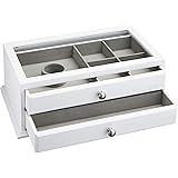 Amazon Basics Wooden Jewelry/Watch Box with Glass Top - 2-Drawer, White
