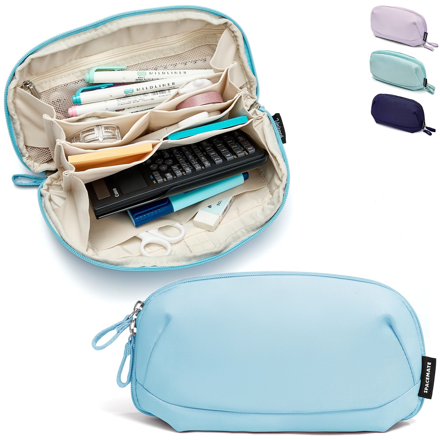 SPACEMATE Pencil Case Pouch Bag School Supplies for Girls and Boys, Large Big Capacity Aesthetic Pen Case, Multi Compartment Zipper Stationery Bag for Women Men Adults, Light Blue, 1800ml
