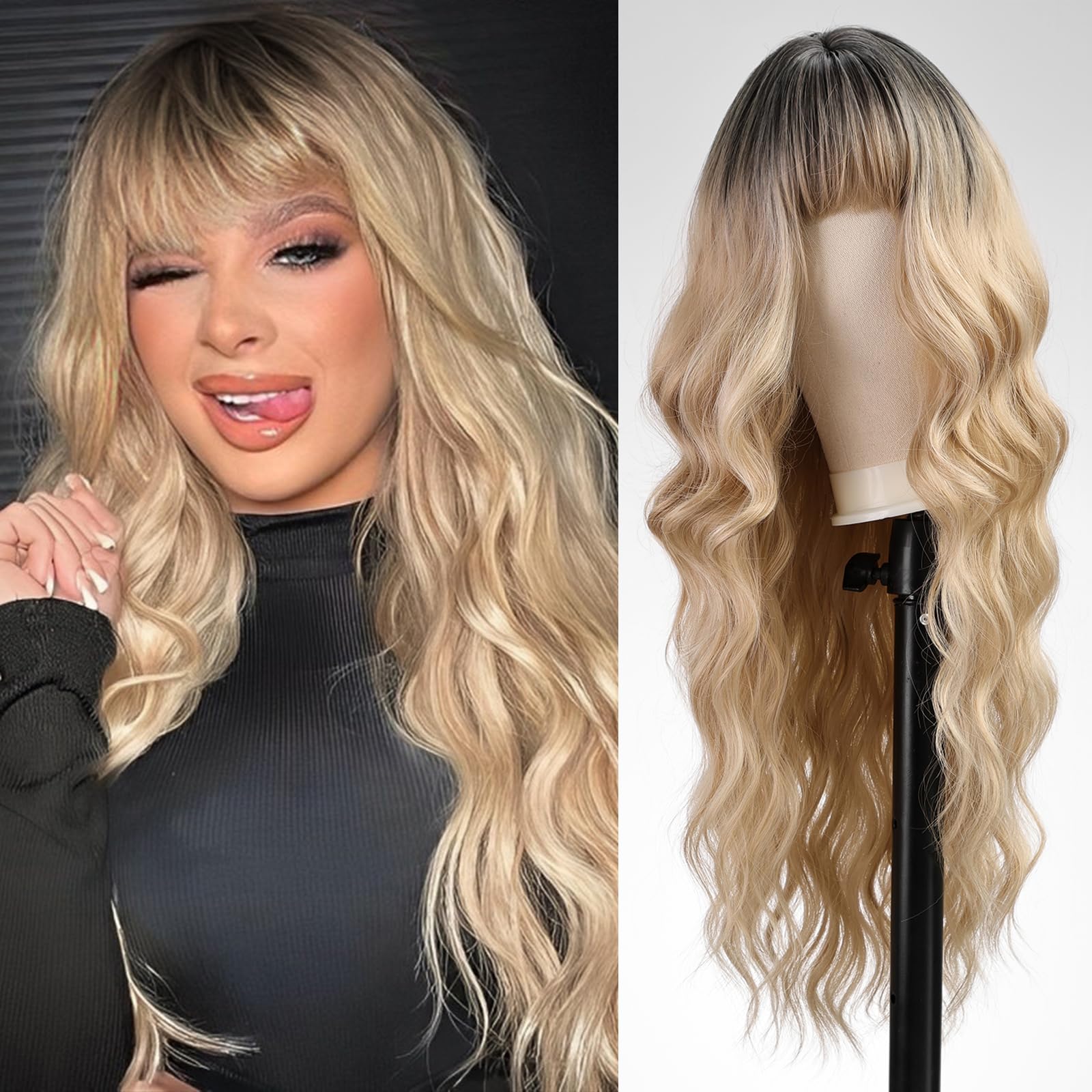 WOKESTAR Long Wavy Blonde with Dark Roots Wigs for Women, Heat Resistant Natural Hair with Fringe — image 1