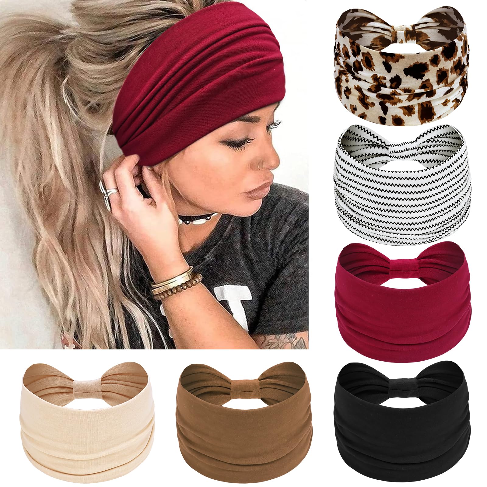 Kavya Women's Headbands UK, Wide Soft Ladies Boho, Leopard Print Bandanas Knot Adult Scarfs Elastic Fashion Yoga Hair Bands (6 Pcs) - H