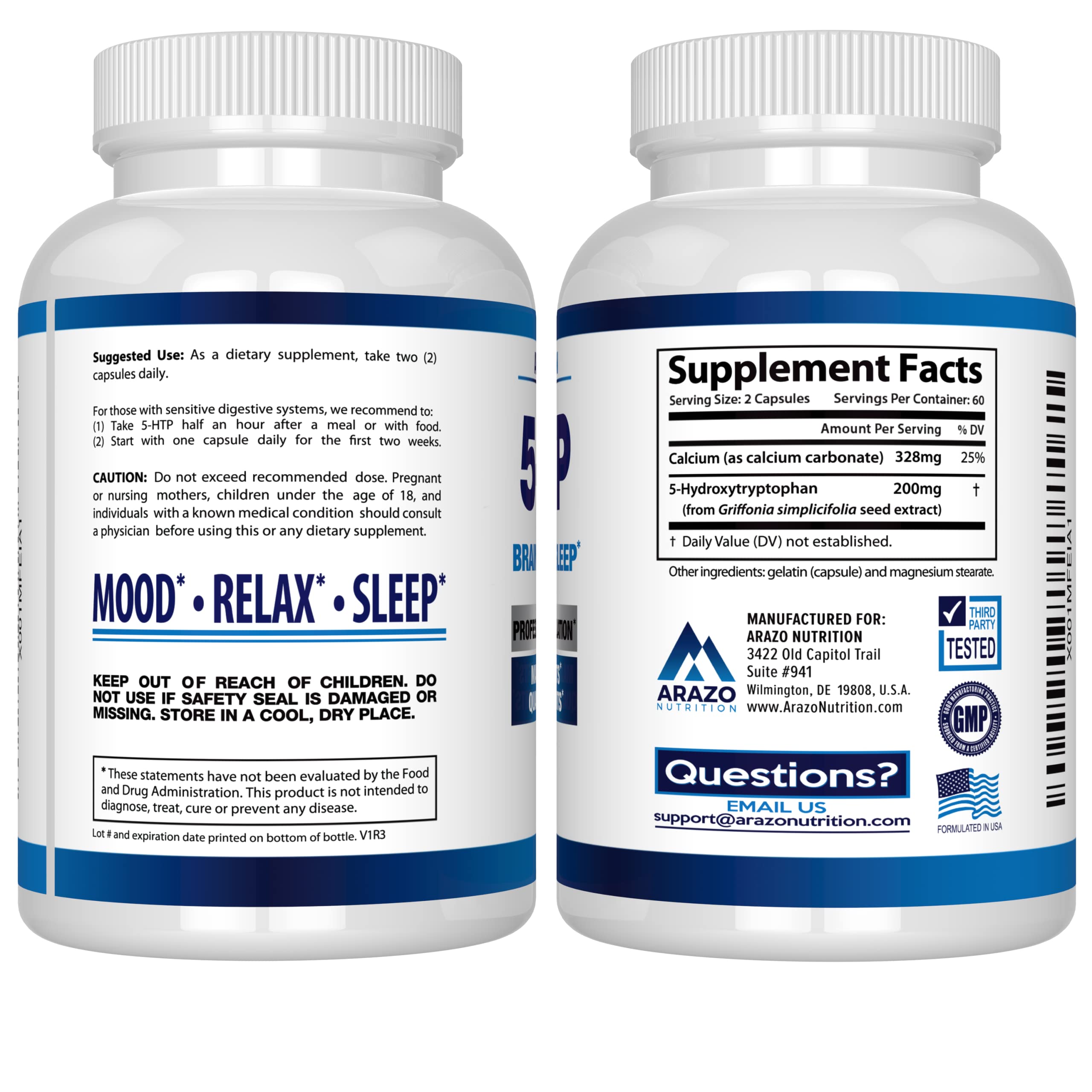 Arazo Nutrition 5HTP 200 MG Plus Calcium for Mood, Sleep Supports