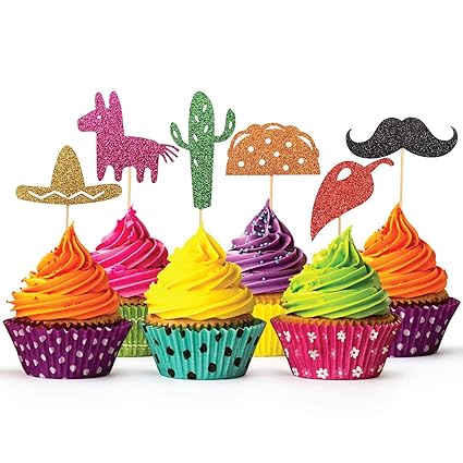 Glitter Fiesta Cupcake Toppers Mexican Themed Cactus Donkey Taco