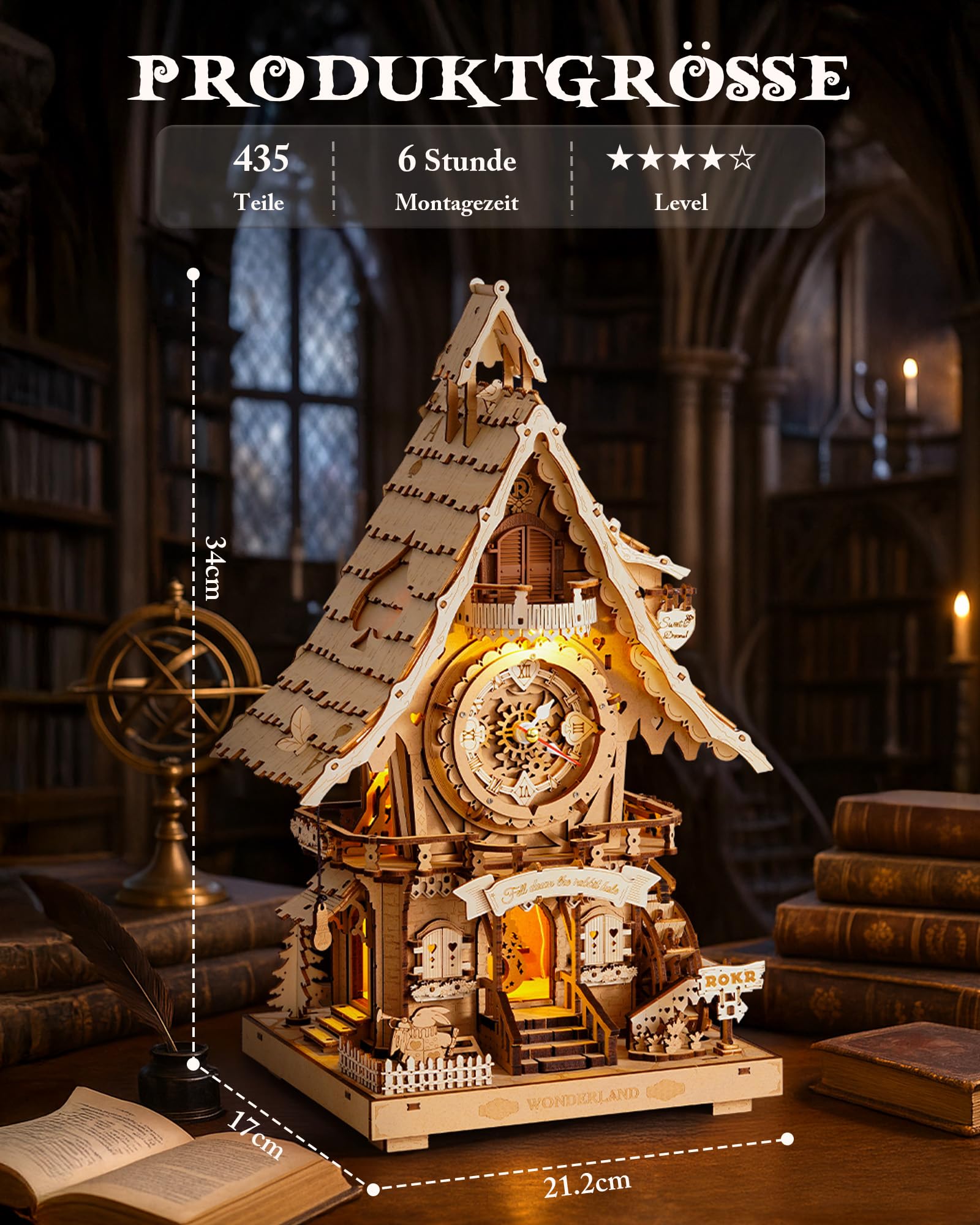 ROKR 3D Puzzle Erwachsene Kuckucksuhr, 3D Holzpuzzle Uhrenmodellbausätze, Geschenke und Dekoration für Erwachsene, Cuckoo Clock Holzfarbe, LC901 2