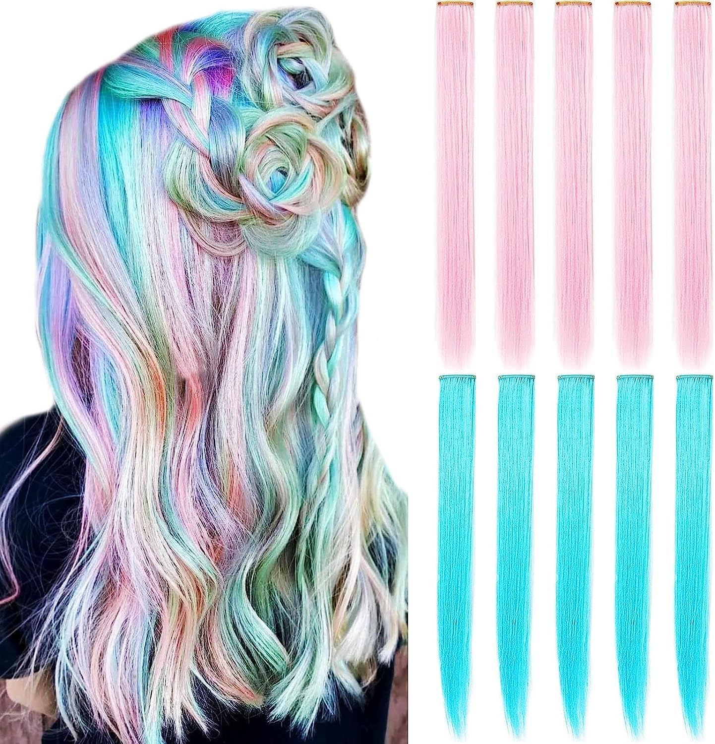 ZHAOWWEI 8PCS Princess Colorful Extensions Multi-Colors Party Highlights Streak Synthetic Hairpieces Clip-In/Clip On Colored Hair Extensions(Light blue Light pink)