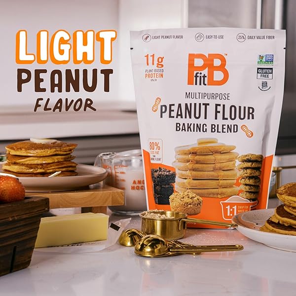 PBFIT PEANUT FLOUR BAKING BLEND – GLUTEN FREE & NON GMO – 11G PROTEIN PER SERVING 10% DV – 80% LESS FAT THAN ALMOND FLOUR – 1 TO 1 SWAP FOR WHITE FLOUR – LIGHT PEANUT FLAVOR – 25% DV FIBER – 24 OZ