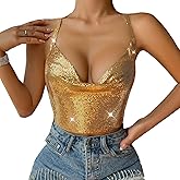 Women’s Metallic Sequins Halter Crop Top V Neck Backless Vest Shirt Clubwear Rave Outfit