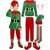 SOMSOC 7 Pack Kids Christmas Elf Costume Set Boys Velvet Elf Dress Up Santa's Helper Costume Xmas Festive Outfit