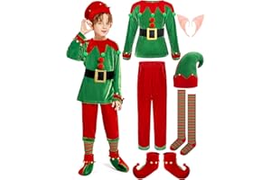 SOMSOC 7 Pack Kids Christmas Elf Costume Set Boys Velvet Elf Dress Up Santa's Helper Costume Xmas Festive Outfit