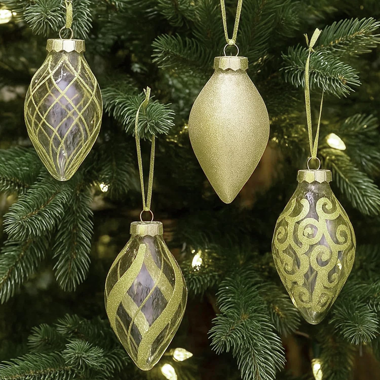 SLEETLY 12pk Christmas Tear Drop Finial Hanging Pendant Baubles for Tree Holiday Xmas Christmas Decorations, Long 4 inch Big Shatterpoof Plastic Ornaments, Gold