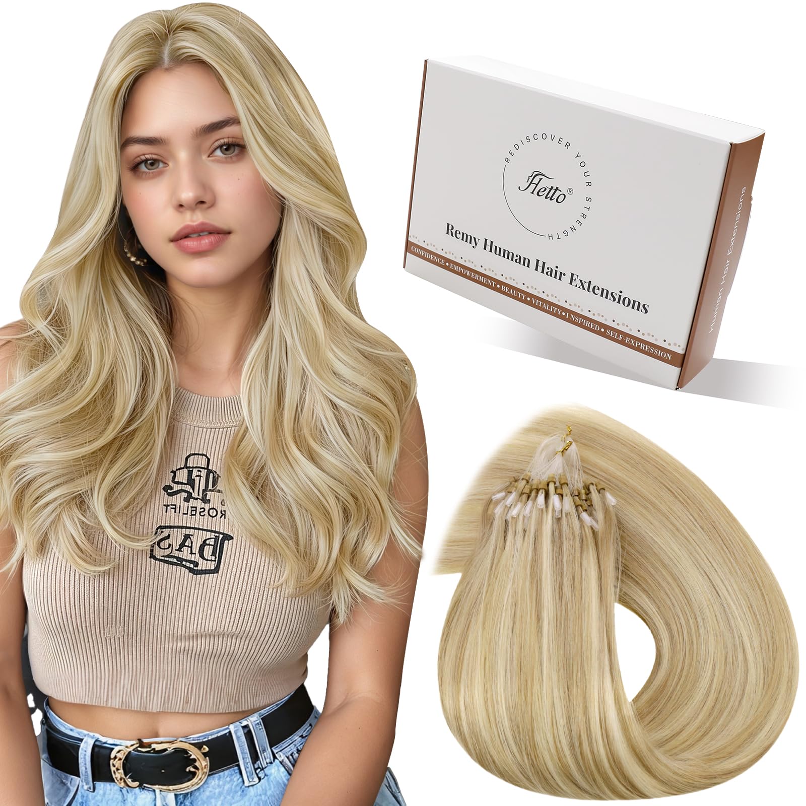 Hetto Micro Beads Hair Extensions Real Human Hair Blonde 16 Inch - Straight Micro Loop Remy Hair, No Pulling Lightweight Prebonded Extension for Sensitive Scalp 50g 50strands #17/23 โ image 1