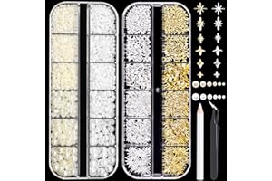 RODAKY 2 Boxes Gold Silver Star Nail Charms and Flatback Pearls,Star Charms for Nails Design Star Mix Size Metal Studs Nail Gems Charms,White & Beige Half Pearl for Nail Jewelry DIY Nail Art Decor
