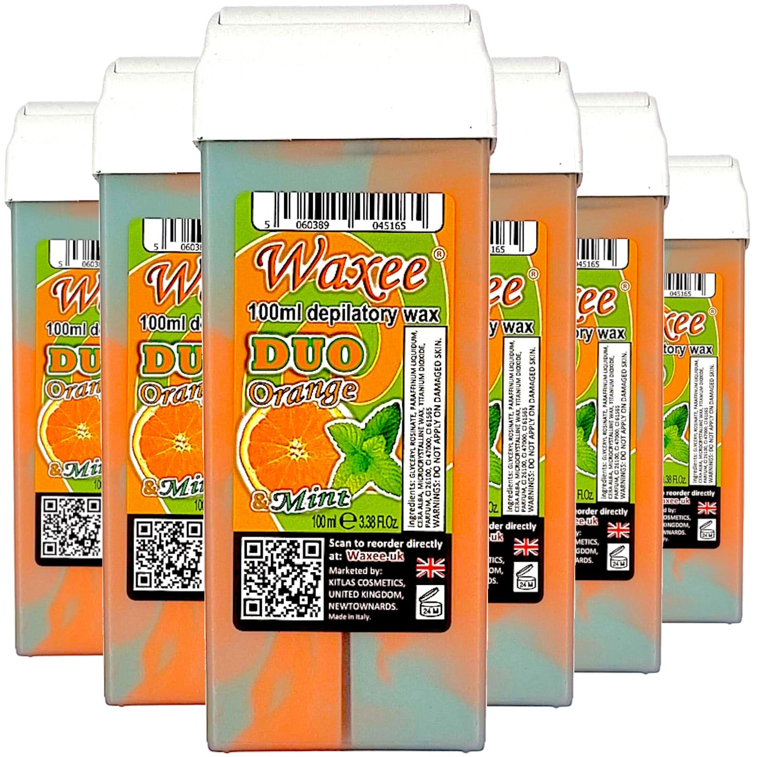 Roll on wax roller wax cartridge 100ml, 6pcs Waxee DUO wax refill (Orange & Mint)