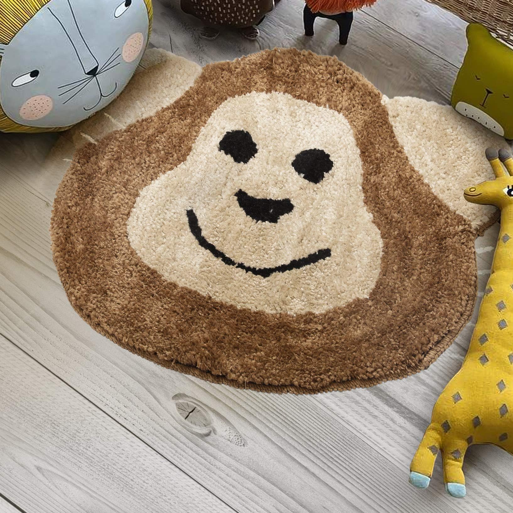 Urban Hues Kid's Cartoon Theme Special Brown Monkey Design Shaggy doormat/Rugs-1pc