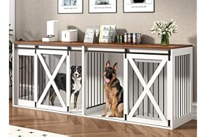 Nordee Axio 94.5" XXXL Dog Crate Furniture for 2 Large Dogs, Heavy Duty Double Dog Cage Extra Large Breed, 35.4" Tall Thick Wooden Dog Kennel TV Stand with Divider, White