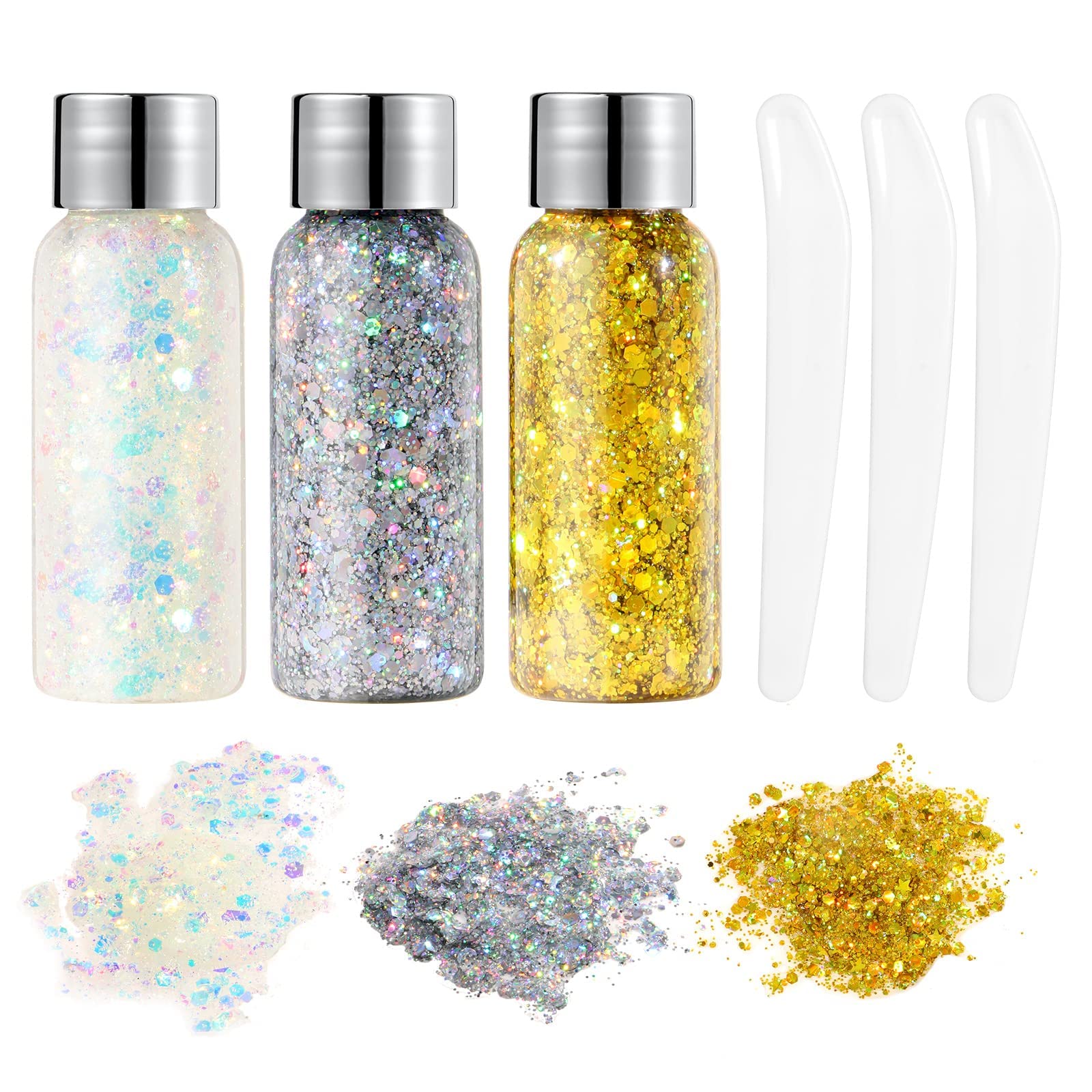 URAQT Body Glitter Gel, 3Pcs Holographic Mermaid Sequins Chunky Cosmetic Face and Sparkling Festival Party Lotion for Eye Hair Nail Makeup DIY Art (A), White & Silver & Gold