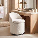 DUOMAY Modern Round Swivel Vanity Storage Stool with Foldable Backrest, Upholstered Ottoman with Removable Lid, Footrest Makeup Stool for Living Room Bedroom, Sherpa White