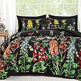 WONGS BEDDING Black Comforter Set King Size 8 Pieces Bed in a Bag Colorful Floral Botanical Complete Bedding Set with Sheets, Soft Microfiber Reversible Comforter Bed Set for All Season