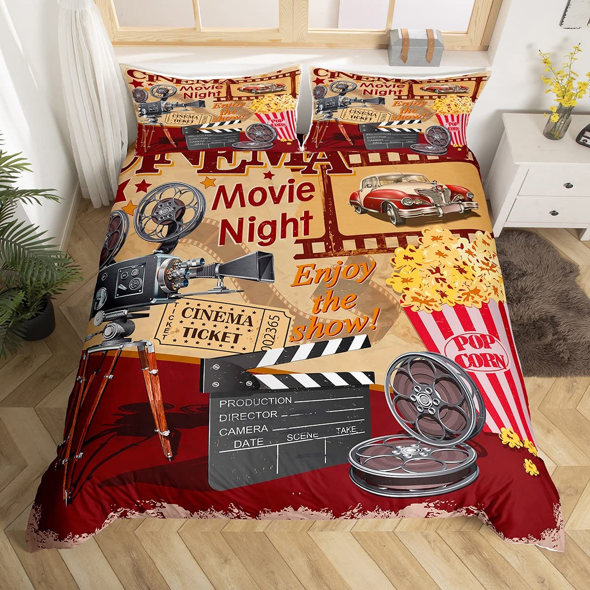 richhome Vintage Cinema Duvet Cover Double Size Movie Theater Theme Bedspread with Ties for Teens Adults Popcorn Filmstrip Camera Breathable Comforter Sets 3 Pieces Decorative Bed Cover — image 1