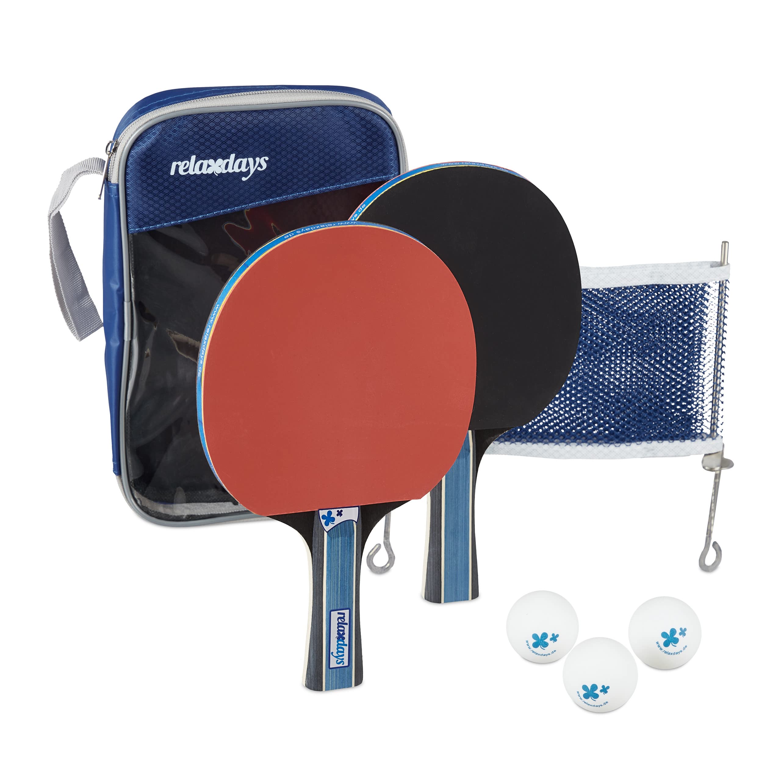 Relaxdays Table Tennis Set, Cover with Ping Pong Net, 2 Ergonomic Wooden Bats, for Beginners, 3 Plastic Balls, Black/Red, Wood, 27 x 18 x 4.5 cm