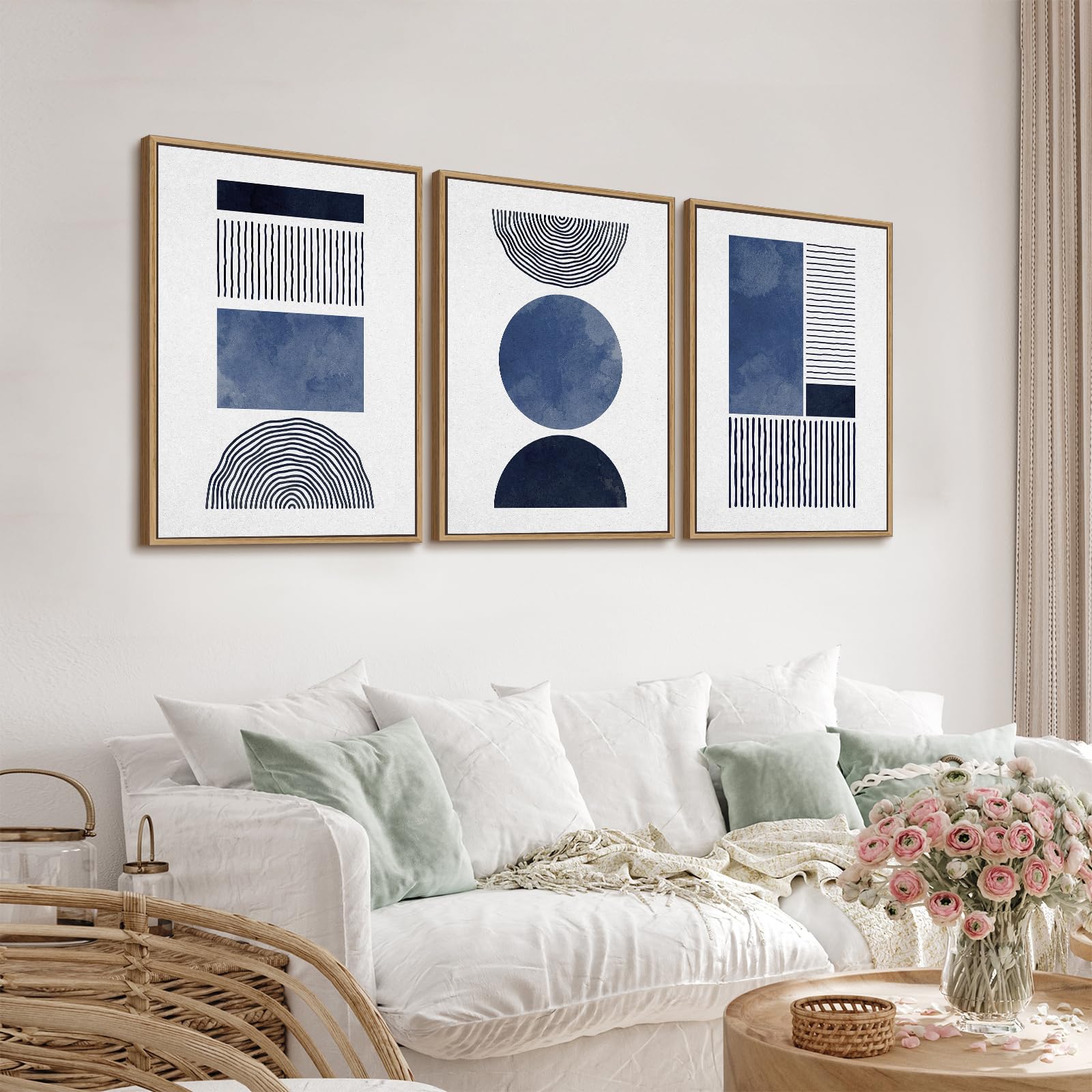 Photo 1 of Framed Black Blue and White Wall Art Canvas Set Mid Century Boho Pictures Modern Geometric Wall Decor Minimalist Bohemian Abstract Painting Artwork for Living Room Bedroom Office 20" x 28" x 3Pc