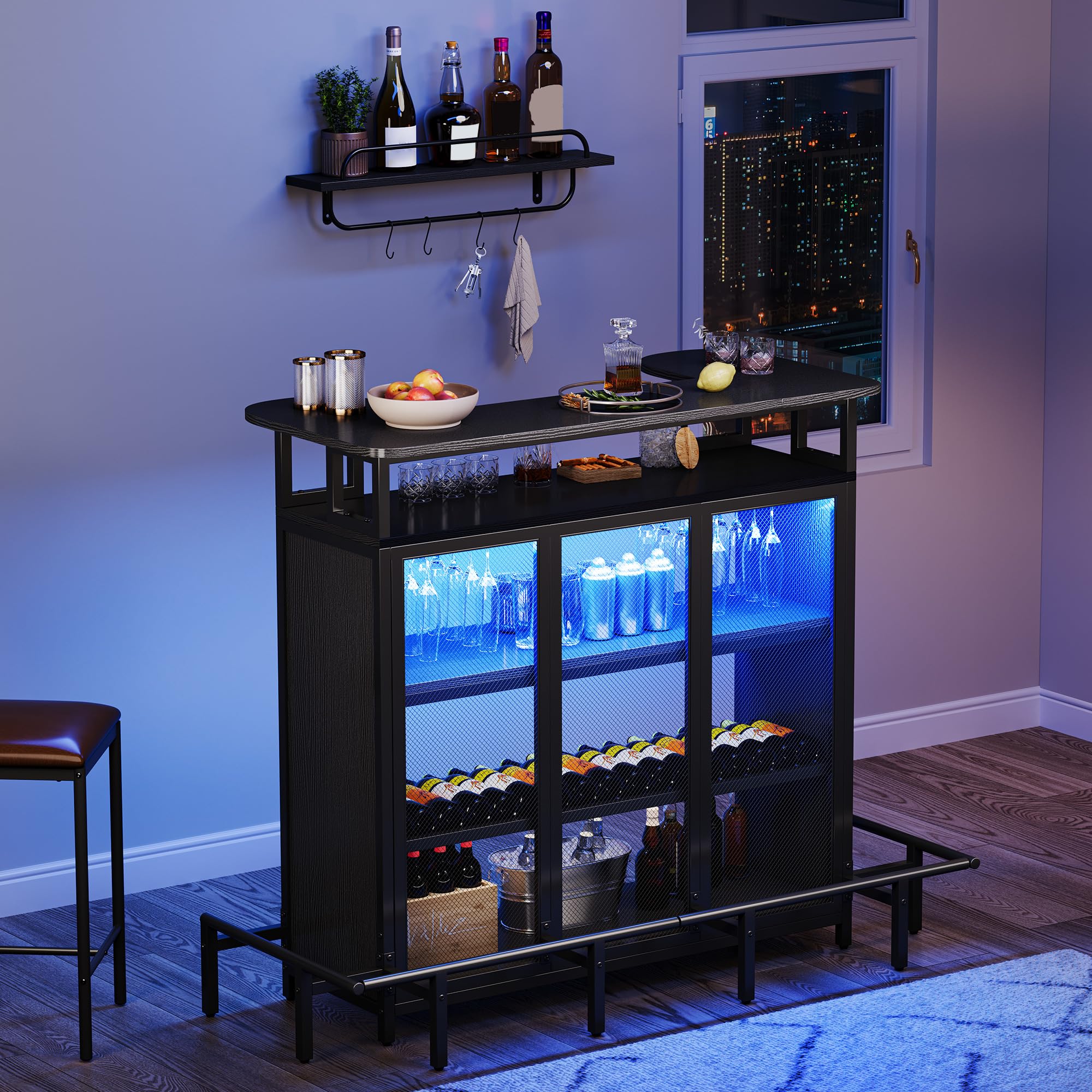 Photo 1 of (unknown missing screws) YITAHOME Mini Home Bar Unit for Living Room with Wall-Mounted Shelf Rack & Music Sensing LED Light, Tall Bars Table with Wine Rack Alcohol Storage Glasses Hanger Footrest for Kitchen Pub, Black