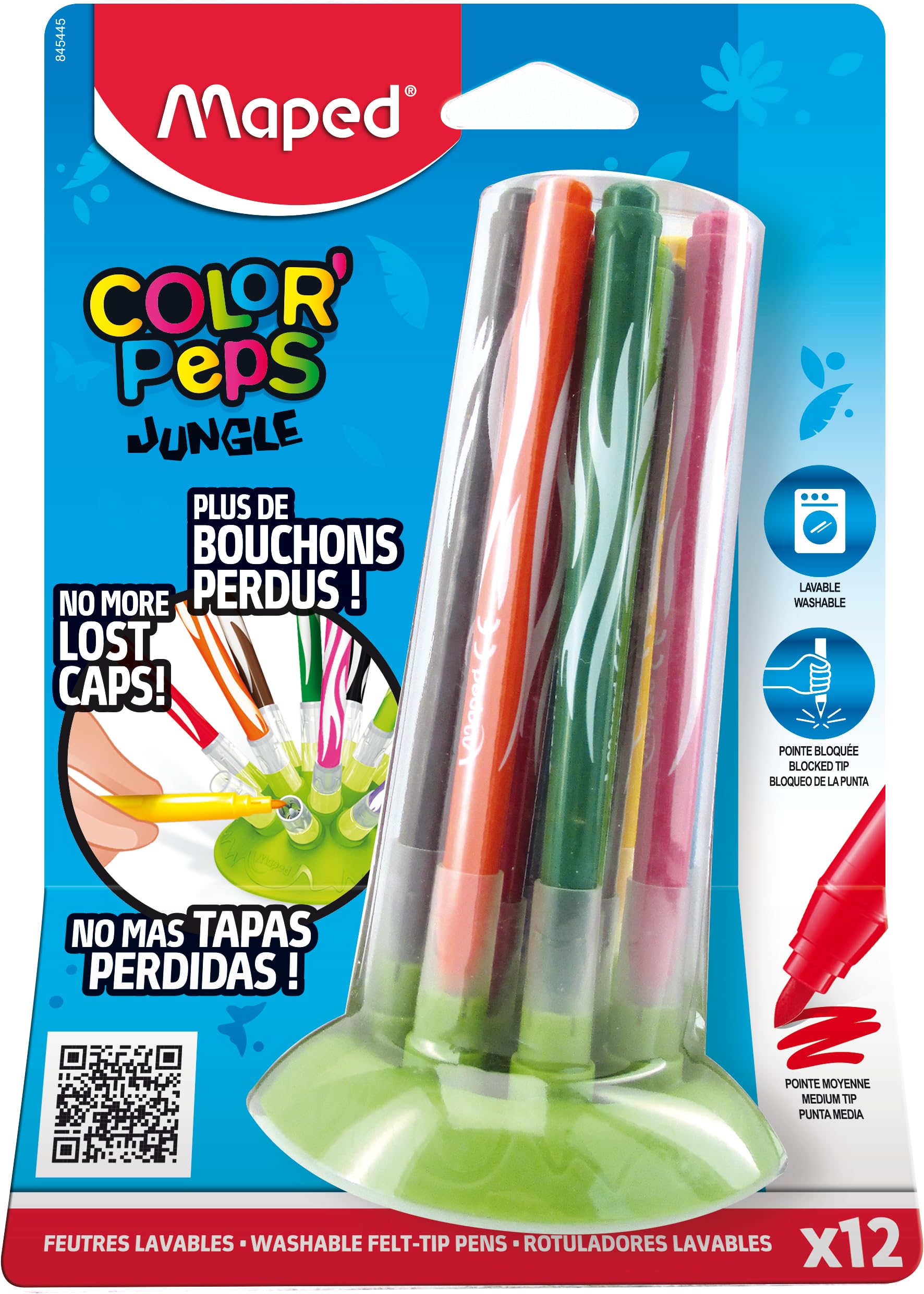 Maped Jungle Innovation Felt pens - 12 Washable Colouring Pens With Compact Storage System - No More Lost Lids!