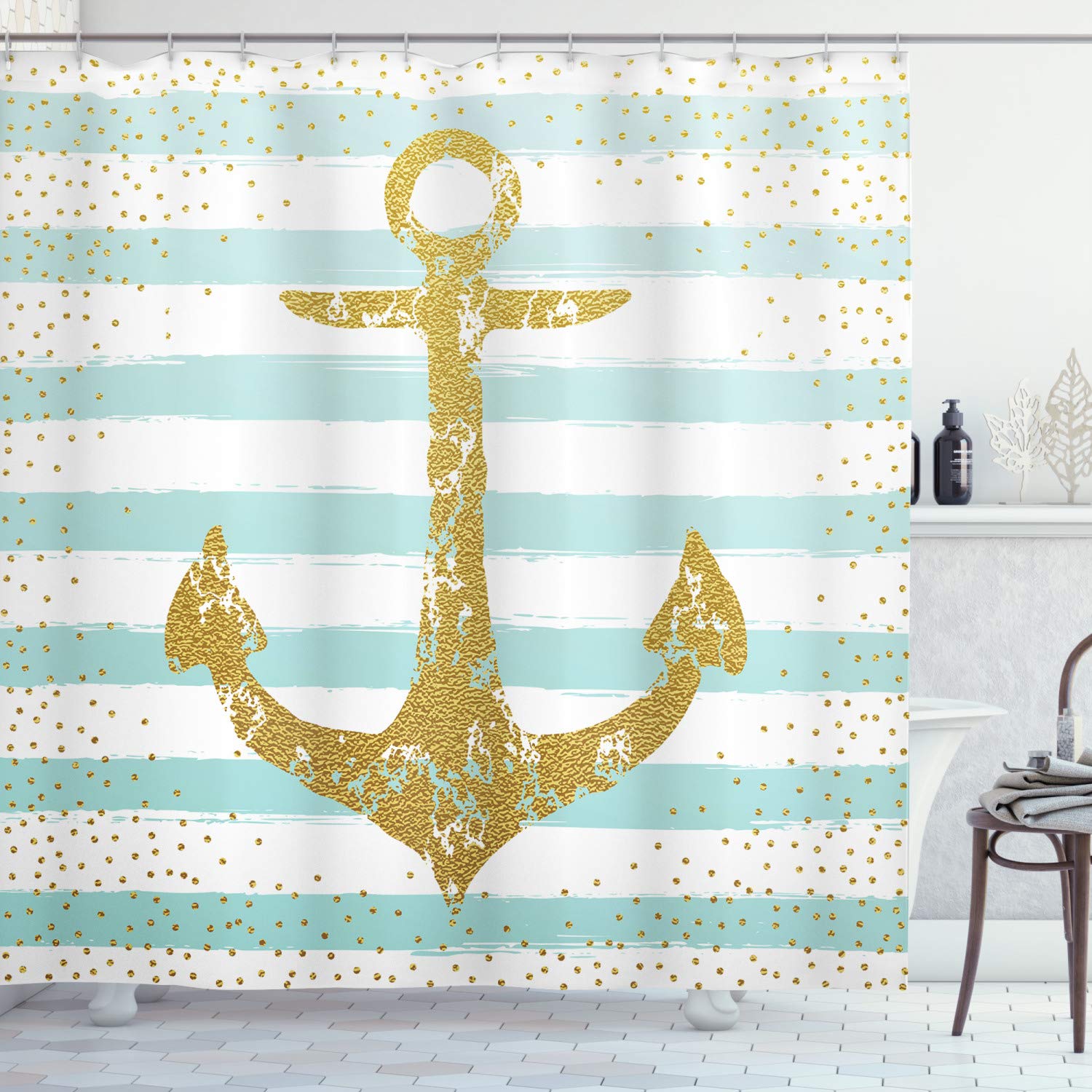 ABAKUHAUS Anchor Shower Curtain, Nordic Marine Golden Yellow Anchor Striped Background Old-Fashioned Artwork, Cloth Fabric Bathroom Decor Set with Hooks, 175 x 200 cm, White Pale Blue