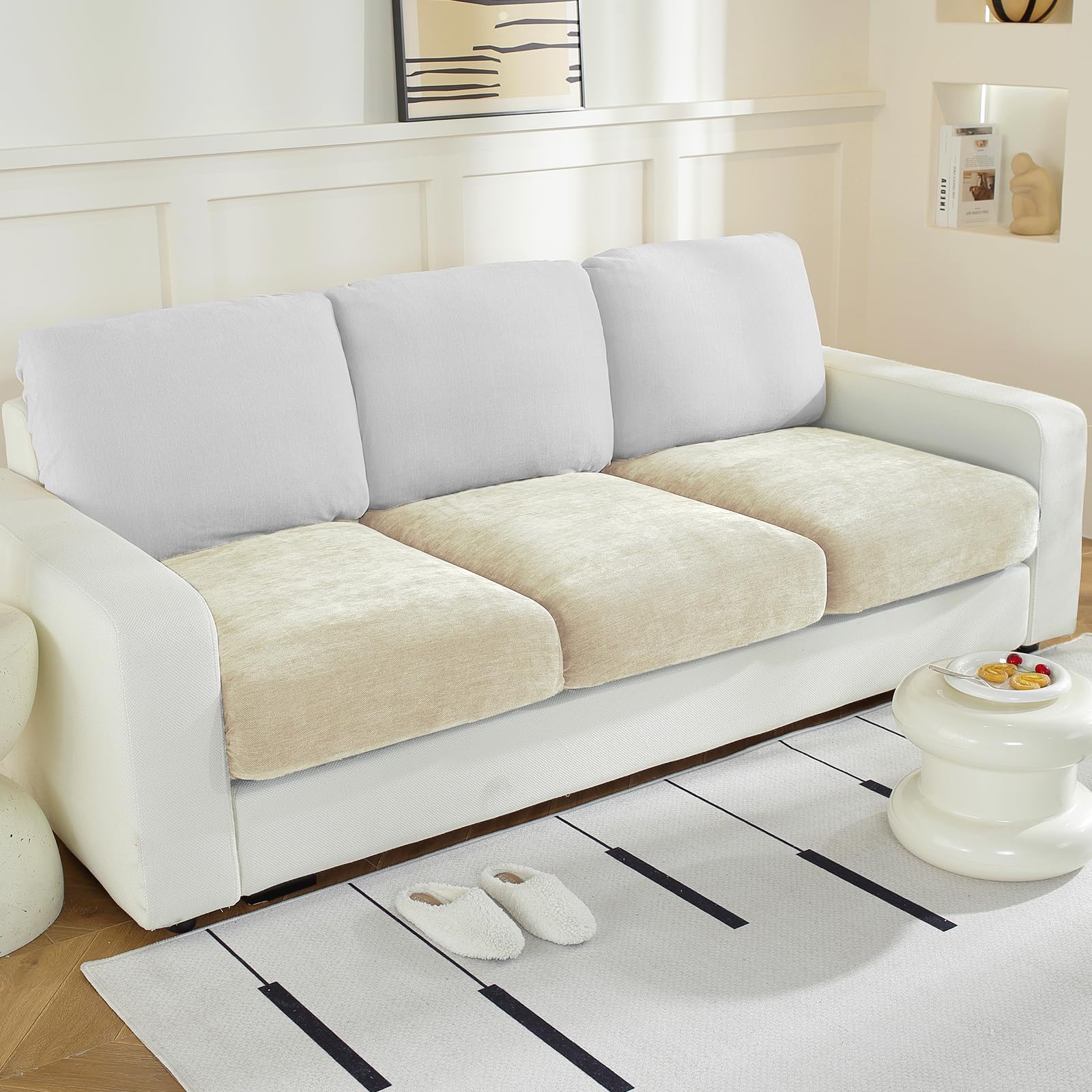 WEYOND Individual Couch Cushion Covers, Stretch Sectional Couch Covers for L Shaped Sofa, Softer Chenille Sofa Covers for 3 Couch Cushions, Non-Slip Seat Slipcover Protector (3 Piece, Beige)
