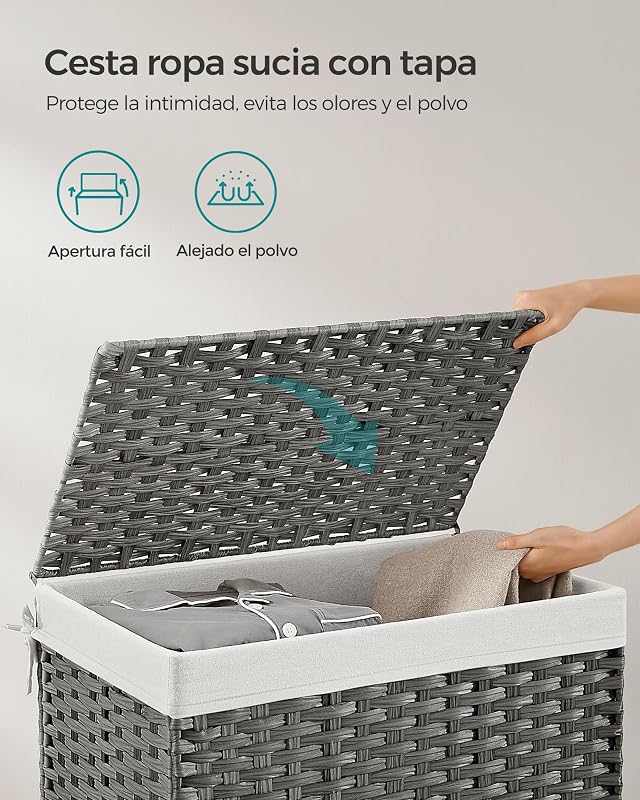 Cesto de Ropa Sucia, Cesta de Ratán Sintético 105 L con Tapa y Asas, Mimbre, Plegable, Forros Extraíbles, para Mantas, Ropa, Dormitorio, Baño, Lavandería, Gris Paloma RST066G01