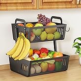 SAYZH Fruit Basket Bowls For Kitchen Counter with Banana Hangers - Detachable Metal Mesh Basket Fruit Stand with Handle - Kitchen Vegetables Bread Snacks Storage Organization, 2 Tier Black