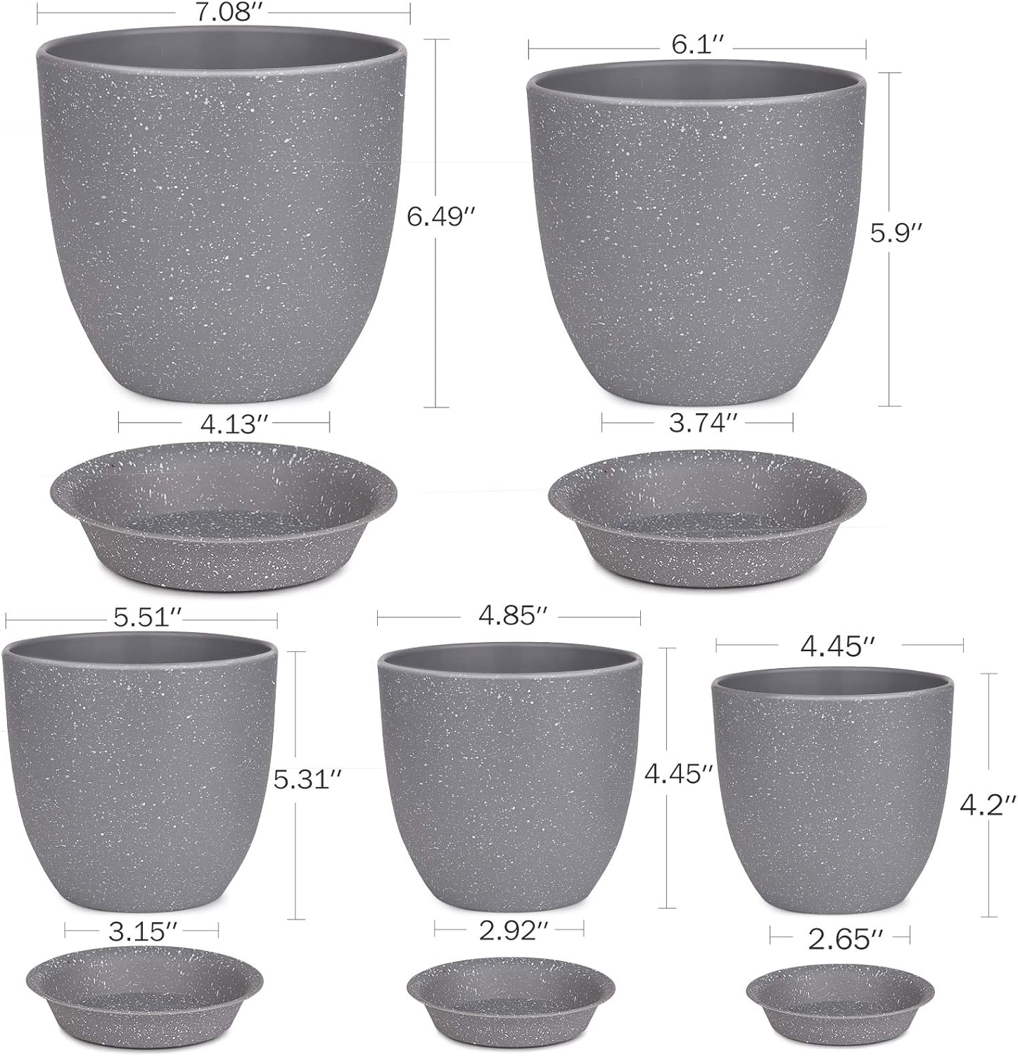 Plastic Planter, HOMENOTE 7/6/5.5/4.8/4.5 Inch Flower Pot Indoor Modern Decorative Plant Pots with Drain Hole and Saucer for All House Plants, Succulents, Flowers, Speckled Gray: Kitchen & Dining