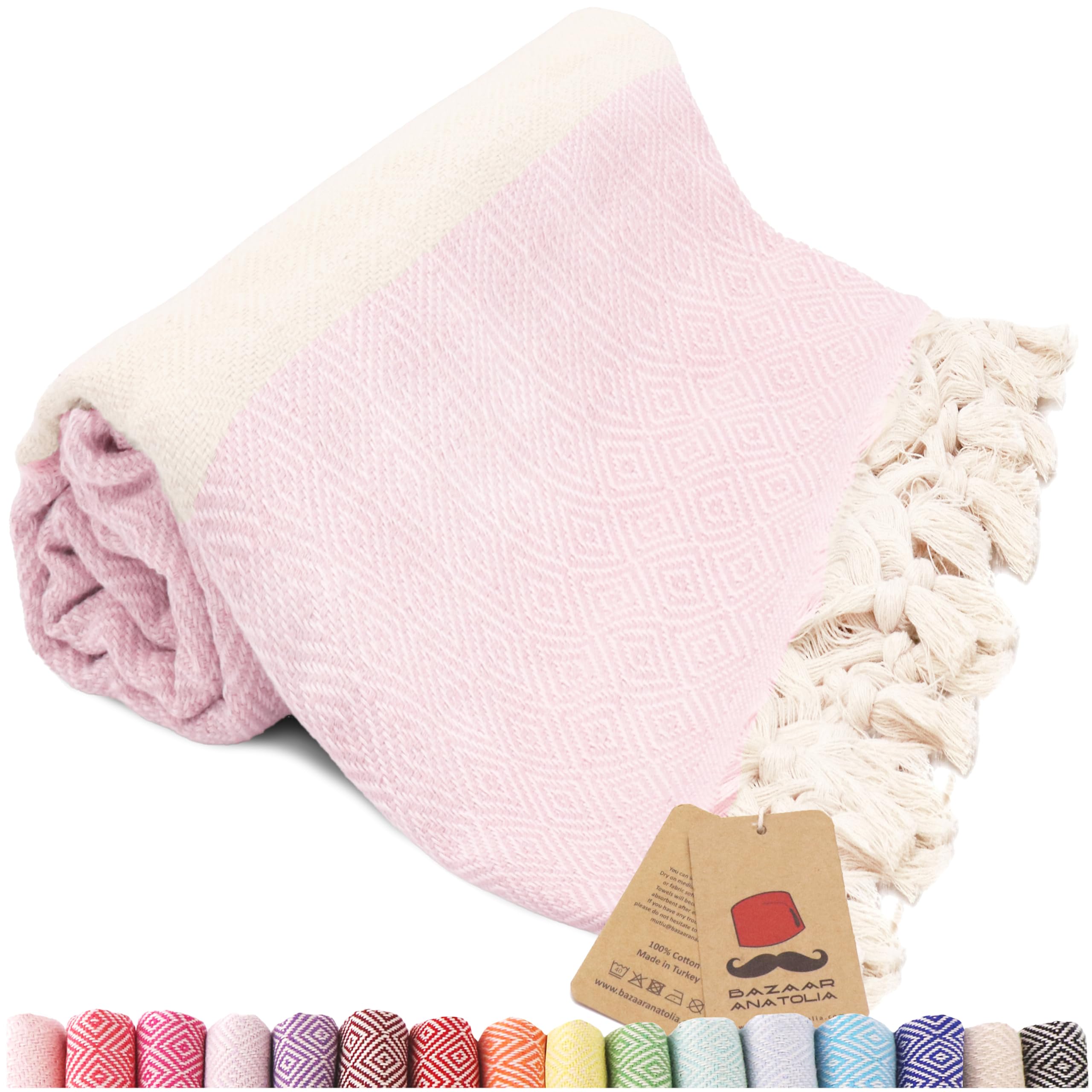 Bazaar Anatolia Turkish Beach Towel – 100% Cotton, Quick Dry, Sand Free Towel for Bathroom, Camping, Travel – Oversized 71x39 Inches – Diamond Pink — image 1