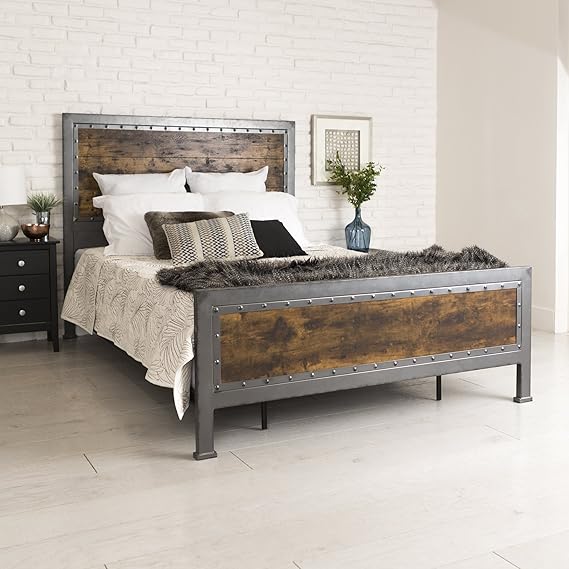Amazon Com New Rustic Queen Industrial Wood And Metal Bed Includes Head And Footboard Furniture Decor