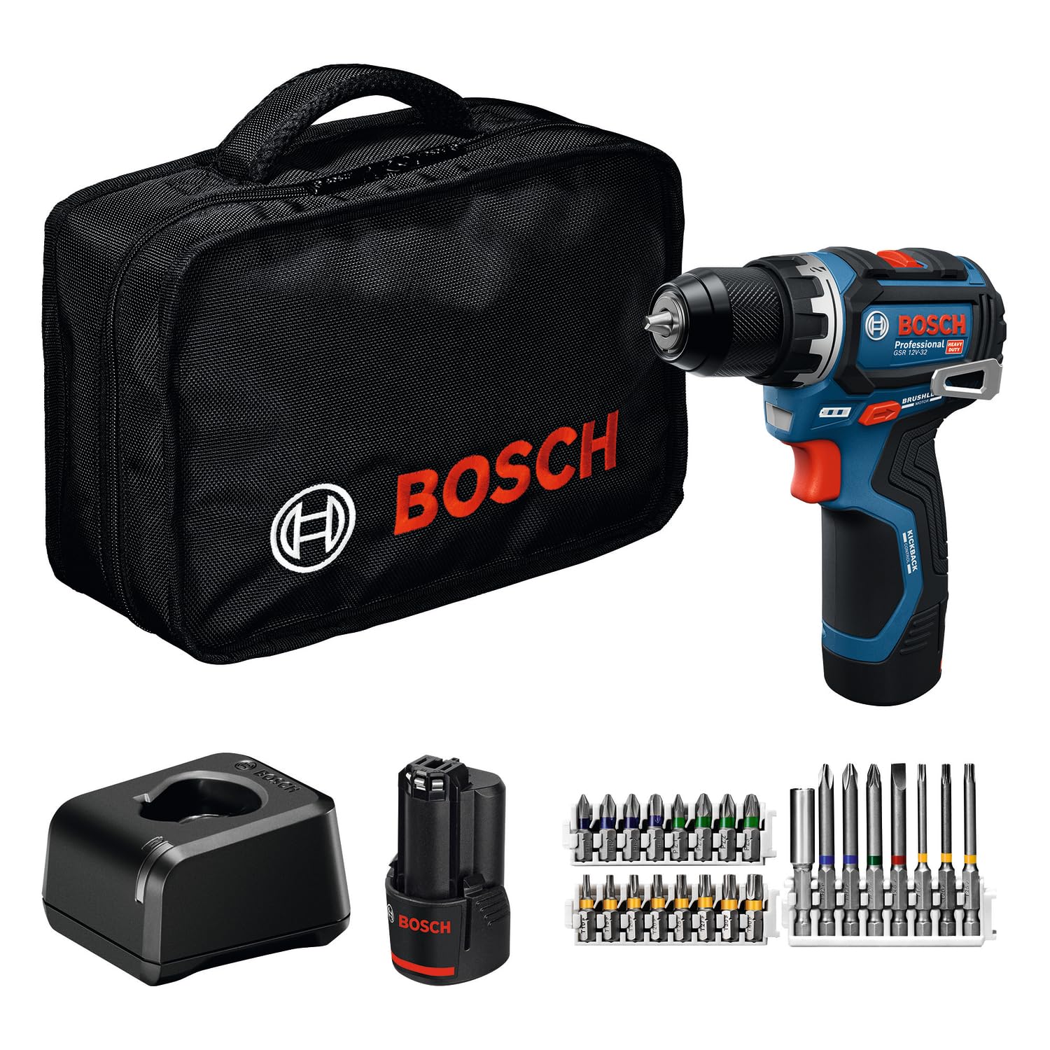 Bosch Professional 12V System Akku-Bohrschrauber GSR 12V-32 (Advanced KickBack Control, bürstenloser Motor, inkl. 2,0-Ah-Akku, GAL12V-20, Zubehör, Pick-and-Click-Einlage, Werkzeugtasche)