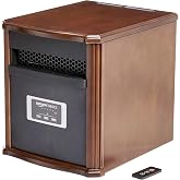 Amazon Basics Portable Space Heater with Remote Control, Adjustable Thermostat, Indoor Use, Energy-Saving Setting, LED Display, Classic Wood Casing, 1500W, 12"D x 13"W x 16"H, Brown