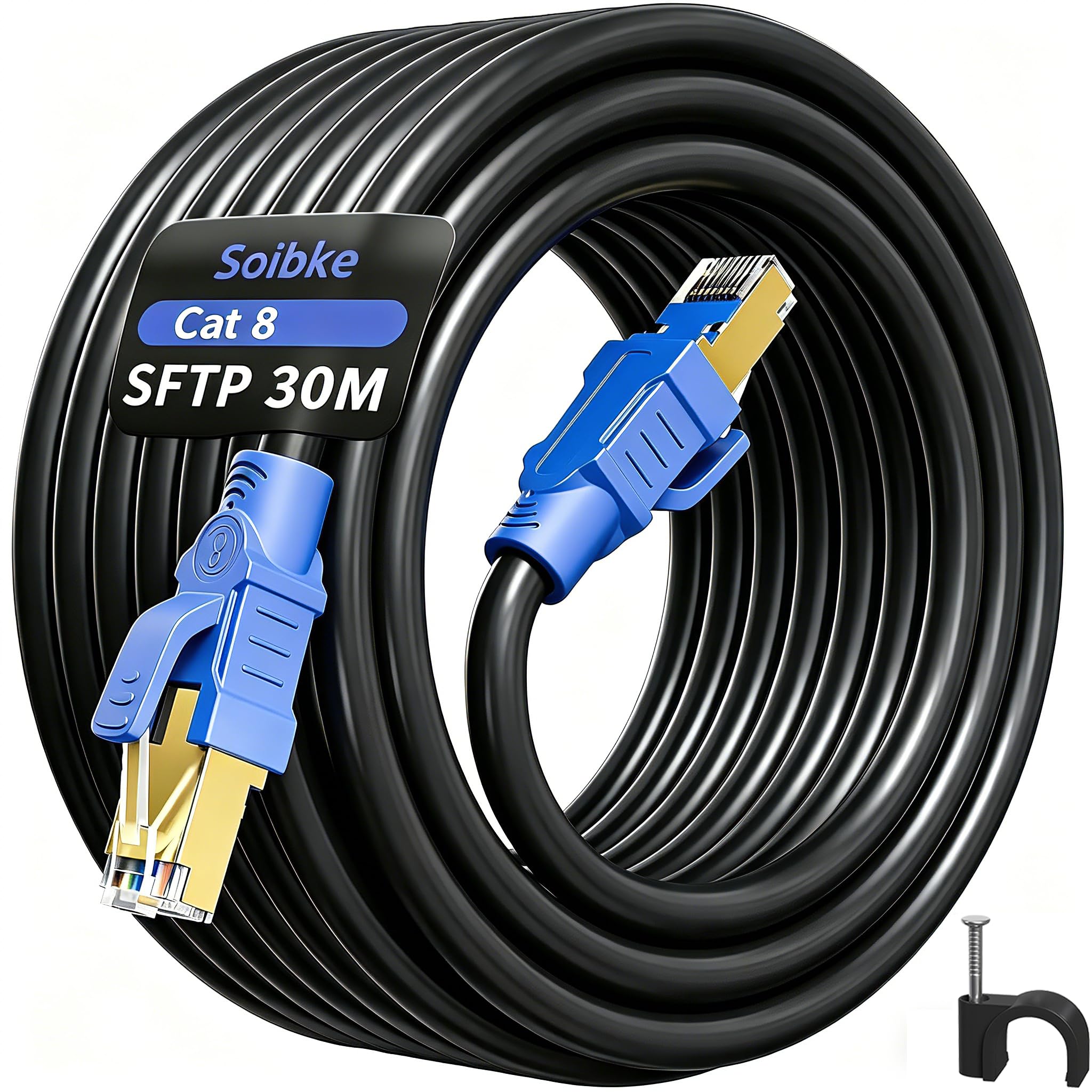 Soibke Cat 8 Ethernet Cable 30m, Long Internet Cable 30 Meter High Speed Wifi Network Cable 40Gbps 2000Mhz SFTP Shielded Anti Jamming Waterproof Patch RJ45 LAN Cable Outdoor Indoor for Router
