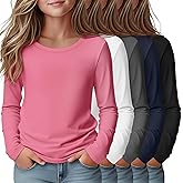 LessonZoo 5 Pack Girls' Long Sleeve Shirts Kids Crewneck Basic Tees Solid Color Fall Winter Tops Bulk 5-14 Years